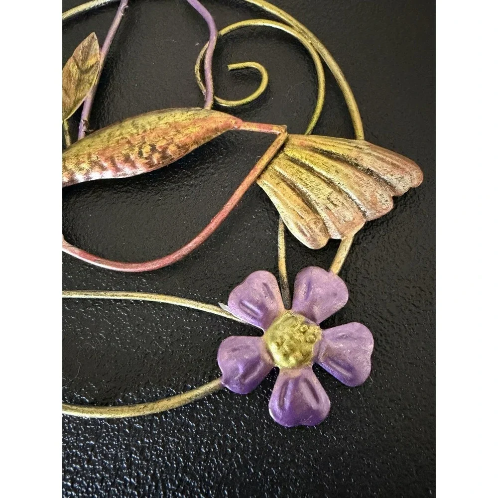Hummingbird Metal Hanging Handcrafted Metal Art 7 in Gold Purple Red Age Unknown